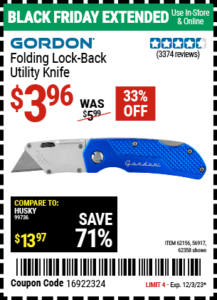 Buy the GORDON Folding Lock-Back Utility Knife (Item 62358/62156/56917) for $3.96, valid through 12/3/2023.