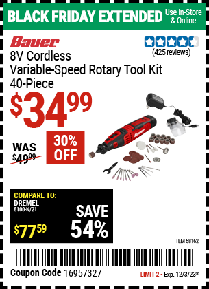 Buy the BAUER 8V Cordless Variable Speed Rotary Tool Kit (Item 58162) for $34.99, valid through 12/3/2023.