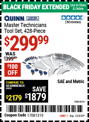 Buy the QUINN Master Technician Tool Set (Item 58154) for $299.99, valid through 12/3/2023.