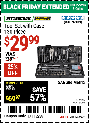 Buy the PITTSBURGH Tool Kit with Case (Item 64263/64080) for $29.99, valid through 12/3/2023.