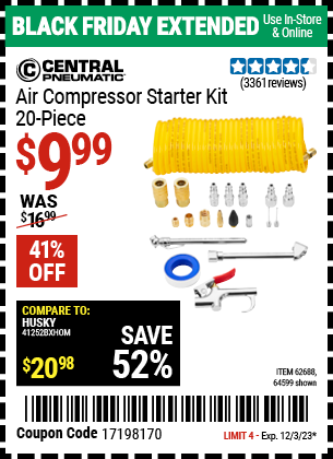 Buy the CENTRAL PNEUMATIC Air Compressor Starter Kit 20 Pc. (Item 64599/62688) for $9.99, valid through 12/3/2023.