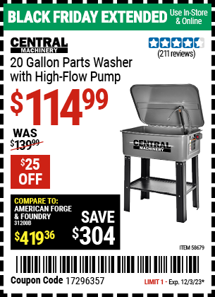 Buy the CENTRAL MACHINERY 20 gallon Parts Washer with High Flow Pump (Item 58679) for $114.99, valid through 12/3/2023.