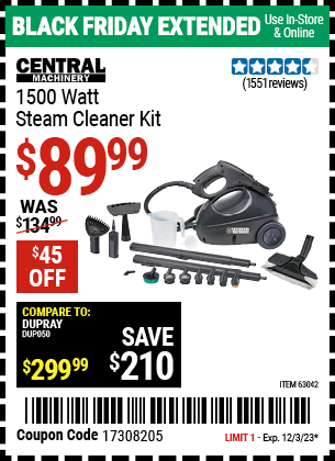 Buy the CENTRAL MACHINERY 1500 Watt Steam Cleaner Kit (Item 63042) for $89.99, valid through 12/3/2023.