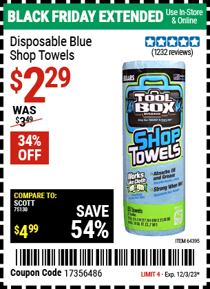 Buy the TOOLBOX Disposable Blue Shop Towels (Item 64395) for $2.29, valid through 12/3/2023.