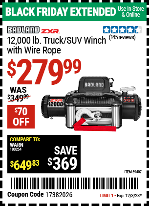 Buy the BADLAND ZXR 12,000 lb. Truck/SUV Winch with Wire Rope (Item 59407) for $279.99, valid through 12/3/2023.