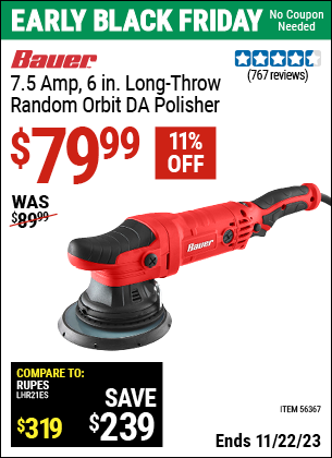 Buy the BAUER 7.5 Amp 6 in. Long-Throw Random Orbit DA Polisher (Item 56367) for $79.99, valid through 11/22/2023.