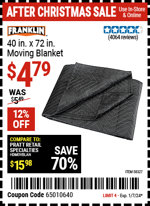 Buy the FRANKLIN 40 in. x 72 in. Moving Blanket (Item 58327) for $4.79, valid through 1/7/2024.