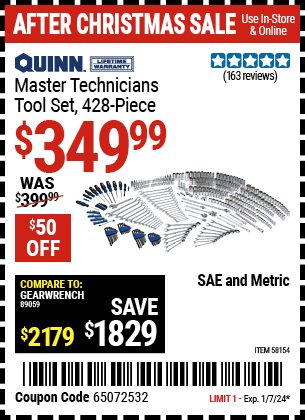 Buy the QUINN Master Technician Tool Set (Item 58154) for $349.99, valid through 1/7/2024.