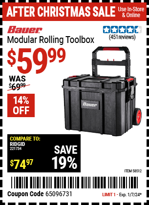 Buy the BAUER Modular Rolling Tool Box (Item 58512) for $59.99, valid through 1/7/2024.