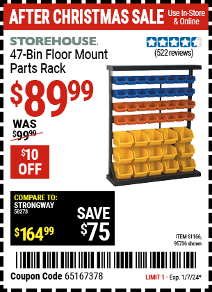 Buy the STOREHOUSE 47 Bin Floor Mount Parts Rack (Item 95736/61166) for $89.99, valid through 1/7/2024.