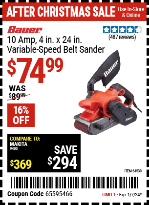 Buy the BAUER 10 Amp 4 in. x 24 in. Variable Speed Belt Sander (Item 64530) for $74.99, valid through 1/7/2024.