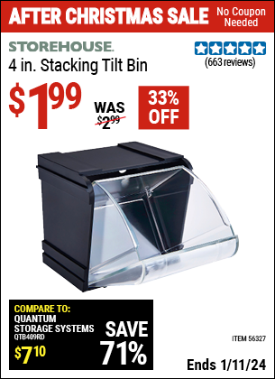 Buy the STOREHOUSE 4 in. Stacking Tilt Bin (Item 56327) for $1.99, valid through 1/11/2024.