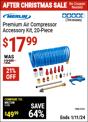 Buy the MERLIN Premium Air Compressor Accessory Kit, 20 Pc. (Item 57621) for $17.99, valid through 1/11/2024.