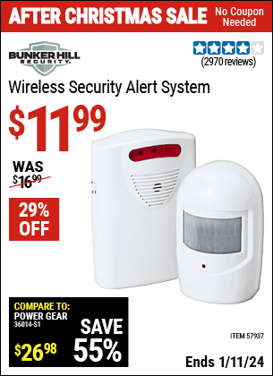 Buy the BUNKER HILL SECURITY Wireless Security Alert System (Item 57937) for $11.99, valid through 1/11/2024.