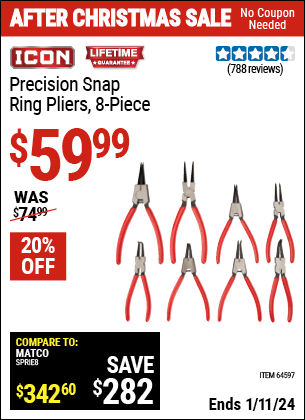 Buy the ICON Precision Snap Ring Pliers 8 Pc. (Item 64597) for $59.99, valid through 1/11/2024.