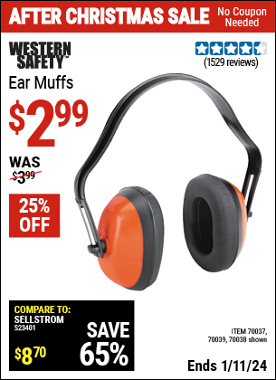 Buy the WESTERN SAFETY Industrial Ear Muffs (Item 70038/70037/70039) for $2.99, valid through 1/11/2024.