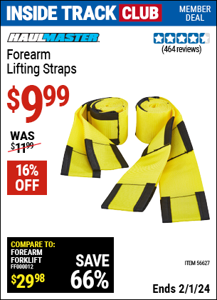 Inside Track Club members can buy the HAUL-MASTER Forearm Lifting Straps (Item 56627) for $9.99, valid through 2/1/2024.