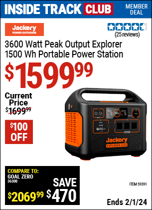 Inside Track Club members can buy the JACKERY 3600 Watt Peak Output Explorer 1500Wh Portable Power Station (Item 59391) for $1599.99, valid through 2/1/2024.