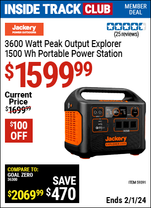 Inside Track Club members can buy the JACKERY 3600 Watt Peak Output Explorer 1500Wh Portable Power Station (Item 59391) for $1599.99, valid through 2/1/2024.