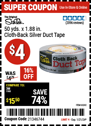 Buy the STIKTEK 50 Yds. x 1.88 in. Cloth Back Silver Duct Tape (Item 63242) for $4, valid through 1/21/2024.