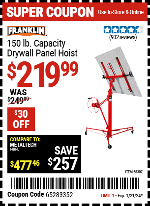 Buy the FRANKLIN 150 lb. Capacity Drywall Panel Hoist (Item 58307) for $219.99, valid through 1/21/2024.