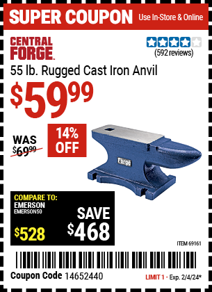 Buy the CENTRAL FORGE 55 lb. Rugged Cast Iron Anvil (Item 69161) for $59.99, valid through 2/4/2024.