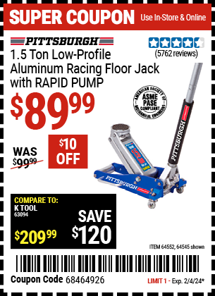 Buy the PITTSBURGH 1.5 Ton Aluminum Rapid Pump Racing Floor Jack (Item 64545) for $89.99, valid through 2/4/2024.