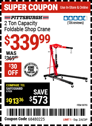 Buy the PITTSBURGH 2 Ton-Capacity Foldable Shop Crane (Item 58755) for $339.99, valid through 2/4/2024.