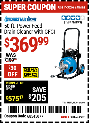 Buy the PACIFIC HYDROSTAR 50 ft. Power-Feed Drain Cleaner with GFCI (Item 68284/61857) for $369.99, valid through 2/4/2024.