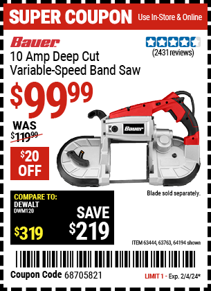 Buy the BAUER 10 Amp Deep Cut Variable Speed Band Saw Kit (Item 64194/63444/63763) for $99.99, valid through 2/4/2024.