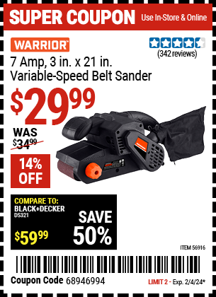 Buy the WARRIOR 7 Amp 3 in. X 21 in. Belt Sander (Item 56916) for $29.99, valid through 2/4/2024.