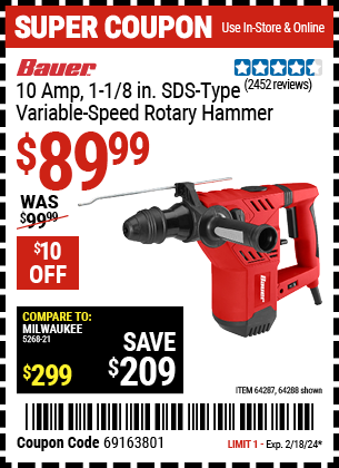 BAUER 1 1 8 in. SDS Variable Speed Pro Rotary Hammer Kit for 89.99 Harbor Freight Coupons