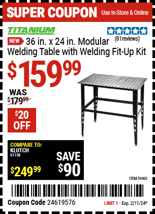 Buy the TITANIUM 36 in. x 24 in. Modular Welding Table with Welding Fit-Up Kit (Item 59403) for $159.99, valid through 2/11/2024.