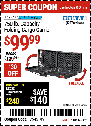 Buy the HAUL-MASTER 750 Lbs. Capacity Heavy Duty Folding Cargo Carrier (Item 62660/56120) for $99.99, valid through 3/7/24.