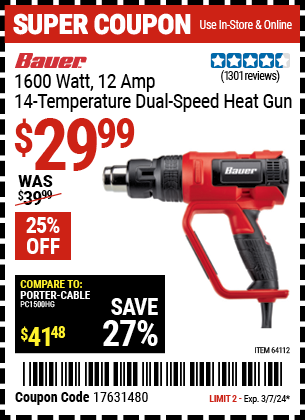 Buy the BAUER 14 Temperature Dual Fan Speed Heat Gun (Item 64112) for $29.99, valid through 3/7/24.