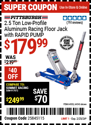 Buy the PITTSBURGH AUTOMOTIVE 2.5 Ton Aluminum Rapid Pump Racing Floor Jack (Item 64543/64553) for $179.99, valid through 2/25/24.