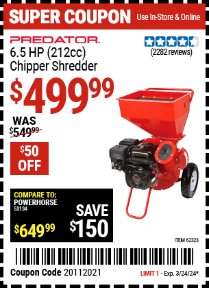 Buy the PREDATOR 6.5 HP (212cc) Chipper Shredder (Item 62323) for $499.99, valid through 3/24/2024.