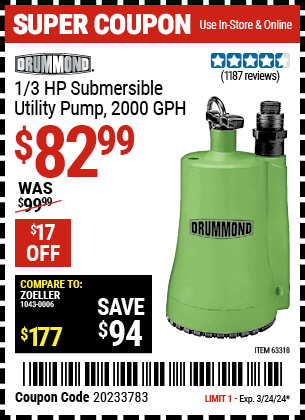 Buy the DRUMMOND 1/3 HP Submersible Utility Pump 2000 GPH (Item 63318) for $82.99, valid through 3/24/2024.