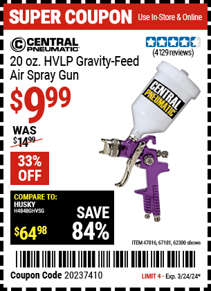 Buy the CENTRAL PNEUMATIC 20 oz. HVLP Gravity Feed Air Spray Gun (Item 62300/47016/67181) for $9.99, valid through 3/24/2024.