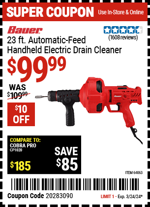 Buy the BAUER 23 ft. Auto-Feed Handheld Electric Drain Cleaner (Item 64063) for $99.99, valid through 3/24/2024.