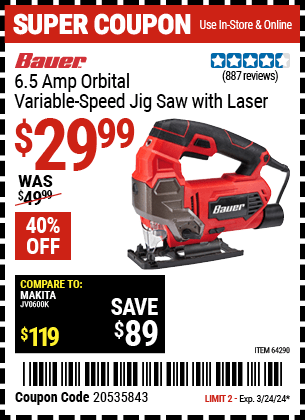 Buy the BAUER 6.5 Amp Orbital Variable Speed Jig Saw with Laser (Item 64290) for $29.99, valid through 3/24/2024.