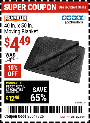 Buy the FRANKLIN 40 in. x 50 in. Moving Blanket (Item 58328) for $4.49, valid through 3/24/2024.