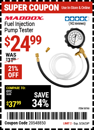 Buy the MADDOX Fuel Injection Pump Tester (Item 58760) for $24.99, valid through 3/24/2024.