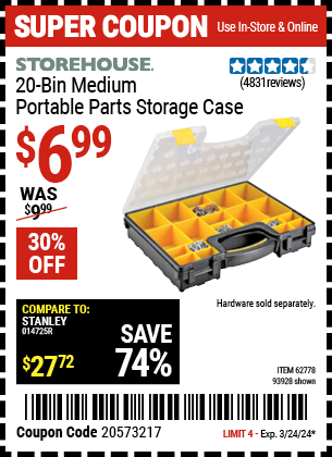 Buy the STOREHOUSE 20-Bin Medium Portable Parts Storage Case (Item 93928/62778) for $6.99, valid through 3/24/2024.