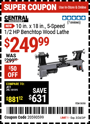 Buy the CENTRAL MACHINERY 10 in. x 18 in., 5-Speed, 1/2 HP Benchtop Wood Lathe (Item 58358) for $249.99, valid through 3/24/2024.