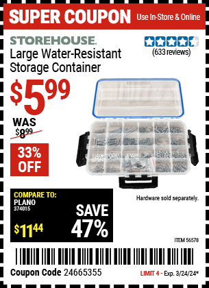 Buy the STOREHOUSE Large Organizer IP55 Rated (Item 56578) for $5.99, valid through 3/24/2024.