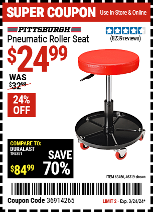 Buy the PITTSBURGH AUTOMOTIVE Pneumatic Roller Seat (Item 46319/63456) for $24.99, valid through 3/24/2024.