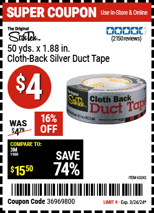 Buy the STIKTEK 50 Yds. x 1.88 in. Cloth Back Silver Duct Tape (Item 63242) for $4, valid through 3/24/2024.