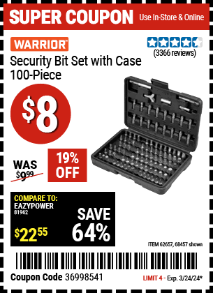 Buy the WARRIOR Security Bit Set with Case, 100 Pc. (Item 68457/62657) for $8, valid through 3/24/2024.