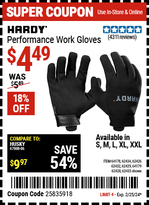 Buy the HARDY Performance Work Gloves (Item 62432/62429/62433/62428/62434/62426/64178/64179) for $4.49, valid through 2/25/2024.